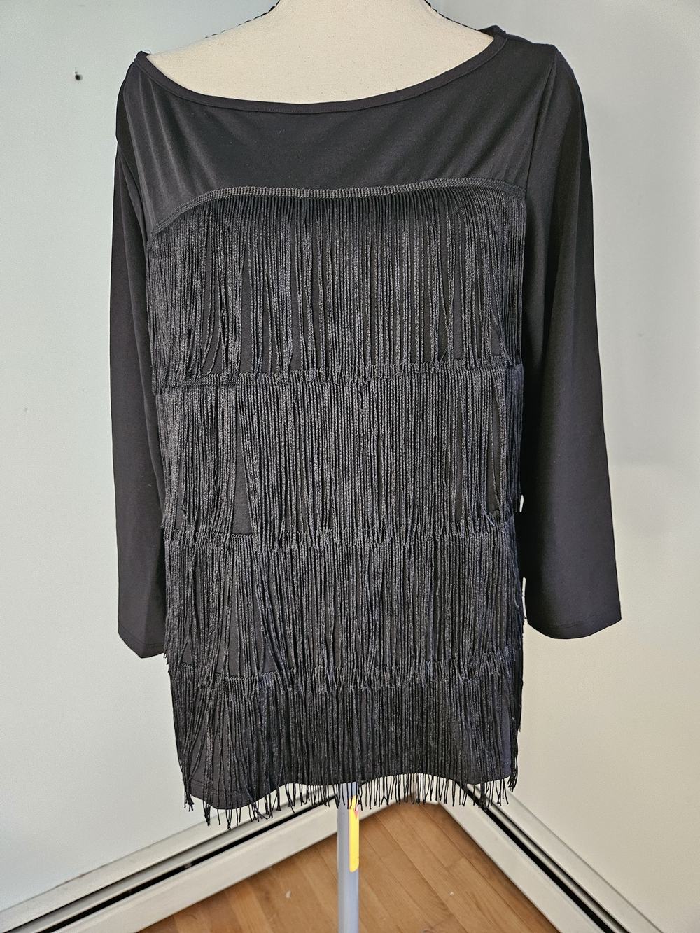 Ashley Stewart Black Fringe Long Sleeve Top Party P286